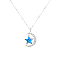 Asfour Creations Chain Necklace With Blue Crescent & Star Design In 925 Sterling Silver-NM0093-WB