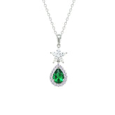 Asfour Creations Chain Necklace With Halo Emerald Pear Pendant In 925 Sterling Silver-NM0094-WG