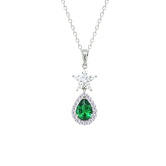 Asfour Creations Chain Necklace With Halo Emerald Pear Pendant In 925 Sterling Silver-NM0094-WG