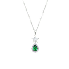 Asfour Creations Chain Necklace With Halo Emerald Pear Pendant In 925 Sterling Silver-NM0094-WG
