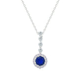 Asfour Creations Chain Necklace With Halo Blue Round Zircon Pendant In 925 Sterling Silver-NM0105-B