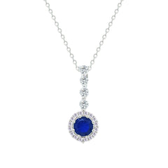Asfour Creations Chain Necklace With Halo Blue Round Zircon Pendant In 925 Sterling Silver-NM0105-B