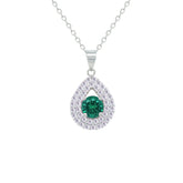 Asfour Creations Chain Necklace With Halo Emerald Pear Pendant In 925 Sterling Sliver-NM0109-WG