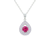 Asfour Creations Chain Necklace With Halo Ruby Pear Pendant In 925 Sterling Sliver-NM0109-WR