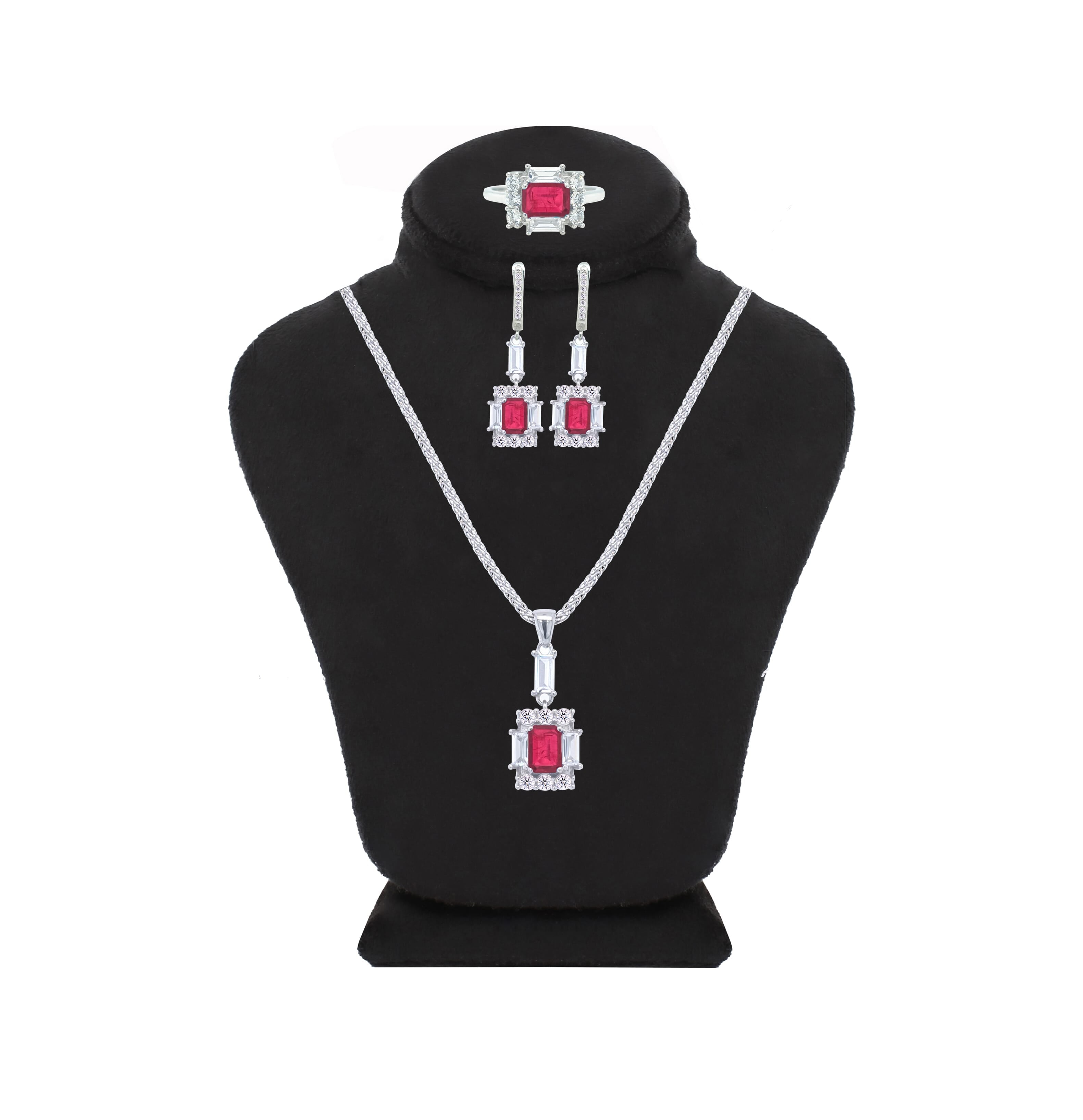 Asfour Creations Jewelry Set With Decorative Fuchsia Emerald Design In 925 Sterling Silver-SD0050-F-9