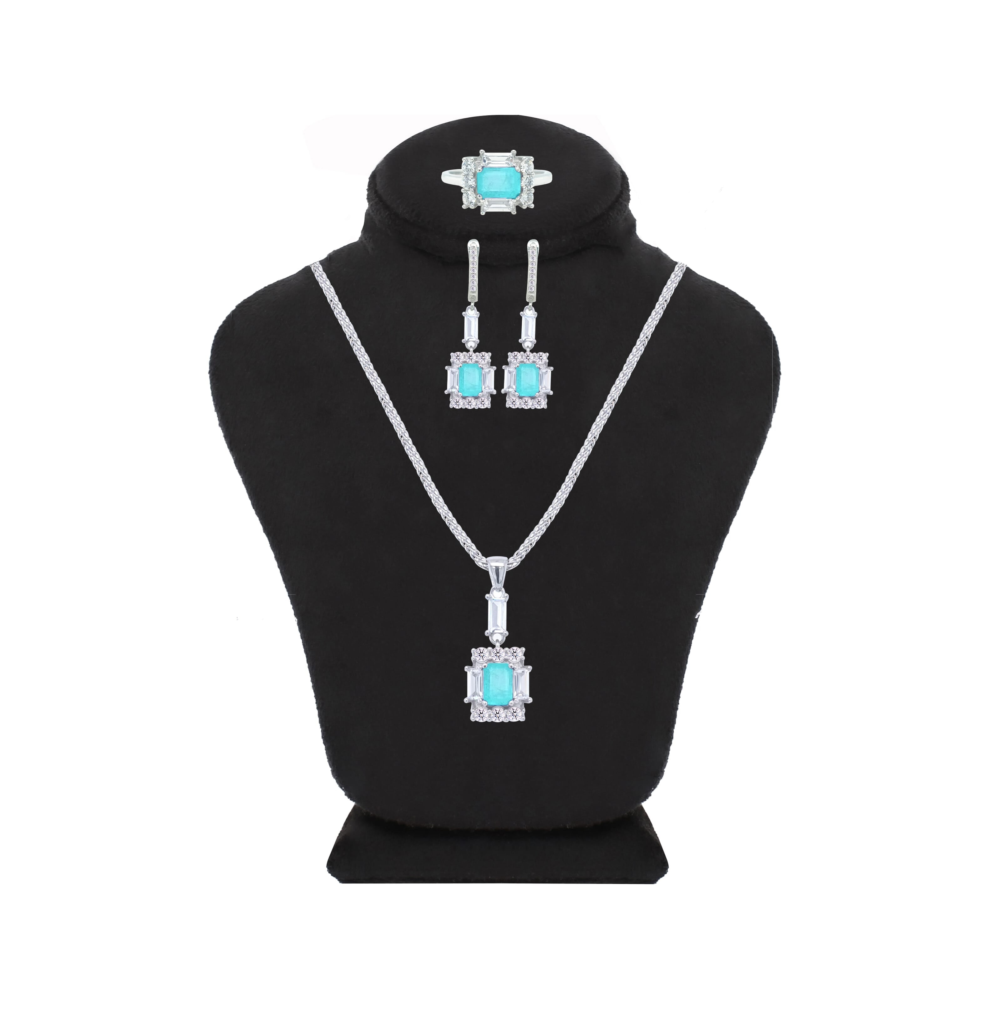 Asfour Creations Jewelry Set With Decorative Light Turquoise Emerald Design In 925 Sterling Silver-SD0050-LGC-8
