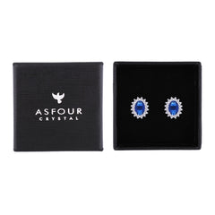 Asfour Creations Stud Earring With Halo Blue Oval Design In 925 Sterling Silver-EM0104-B