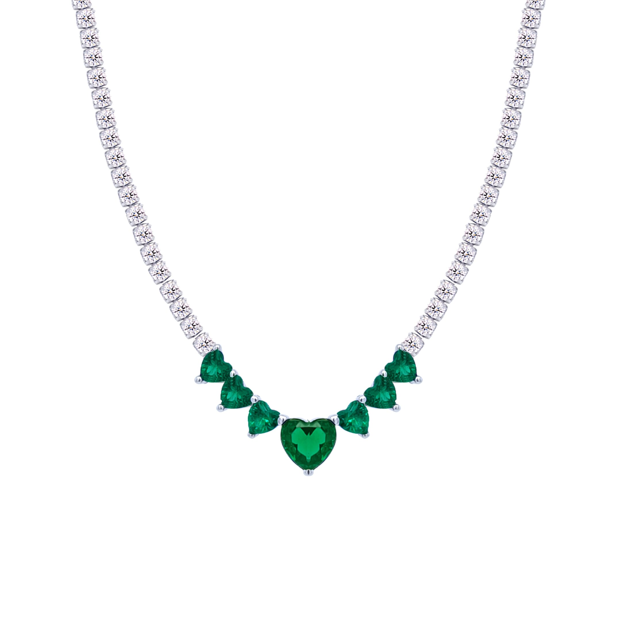 Asfour Creations Tennis Necklace With Emerald Hearts Design In 925 Sterling Silver-ND0431-WG