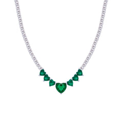 Asfour Creations Tennis Necklace With Emerald Hearts Design In 925 Sterling Silver-ND0431-WG