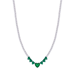 Asfour Creations Tennis Necklace With Emerald Hearts Design In 925 Sterling Silver-ND0431-WG