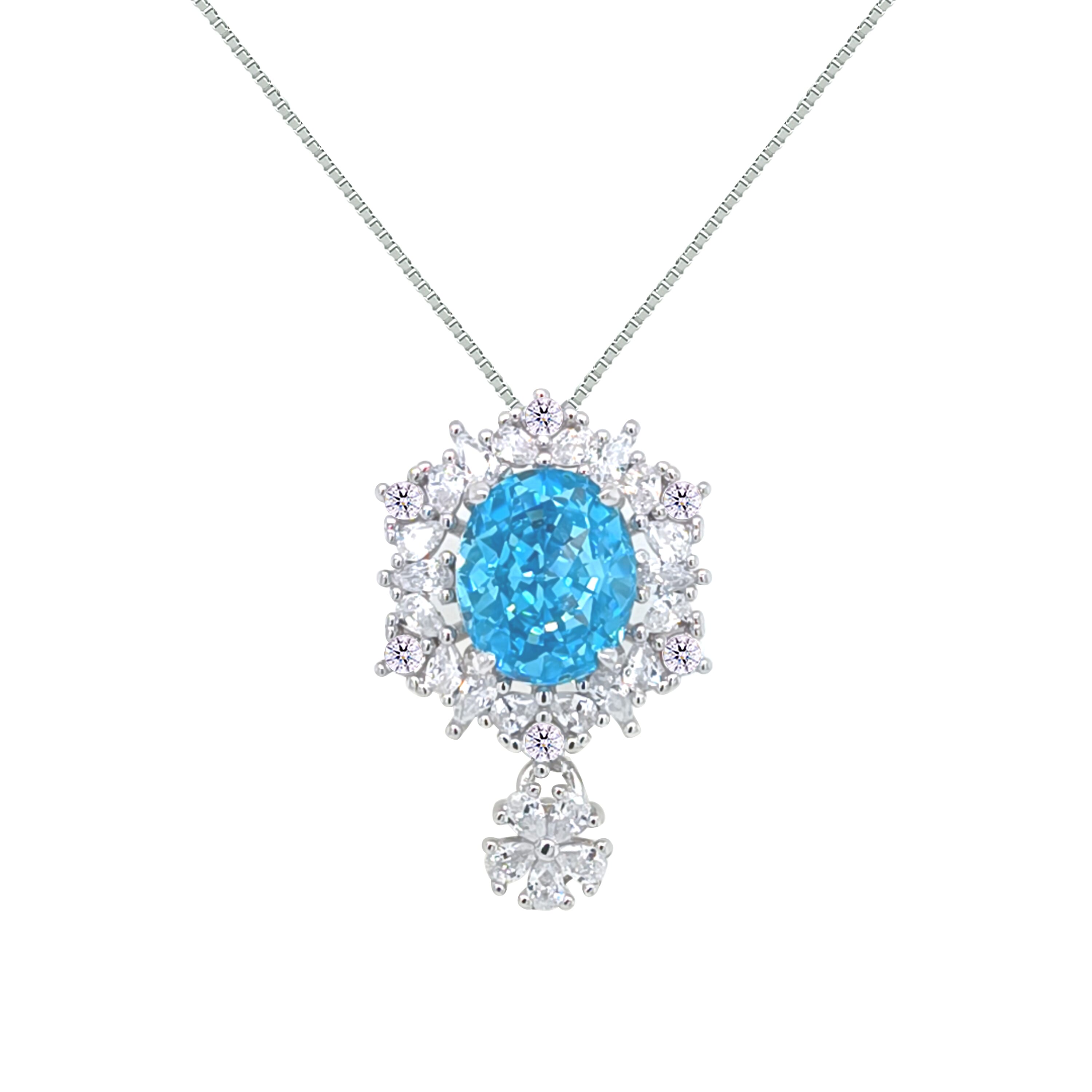 Asfour Creations Box Chain Necklace With Decorative Aquamarine Oval Pendant In 925 Sterling Silver-ND0565-M