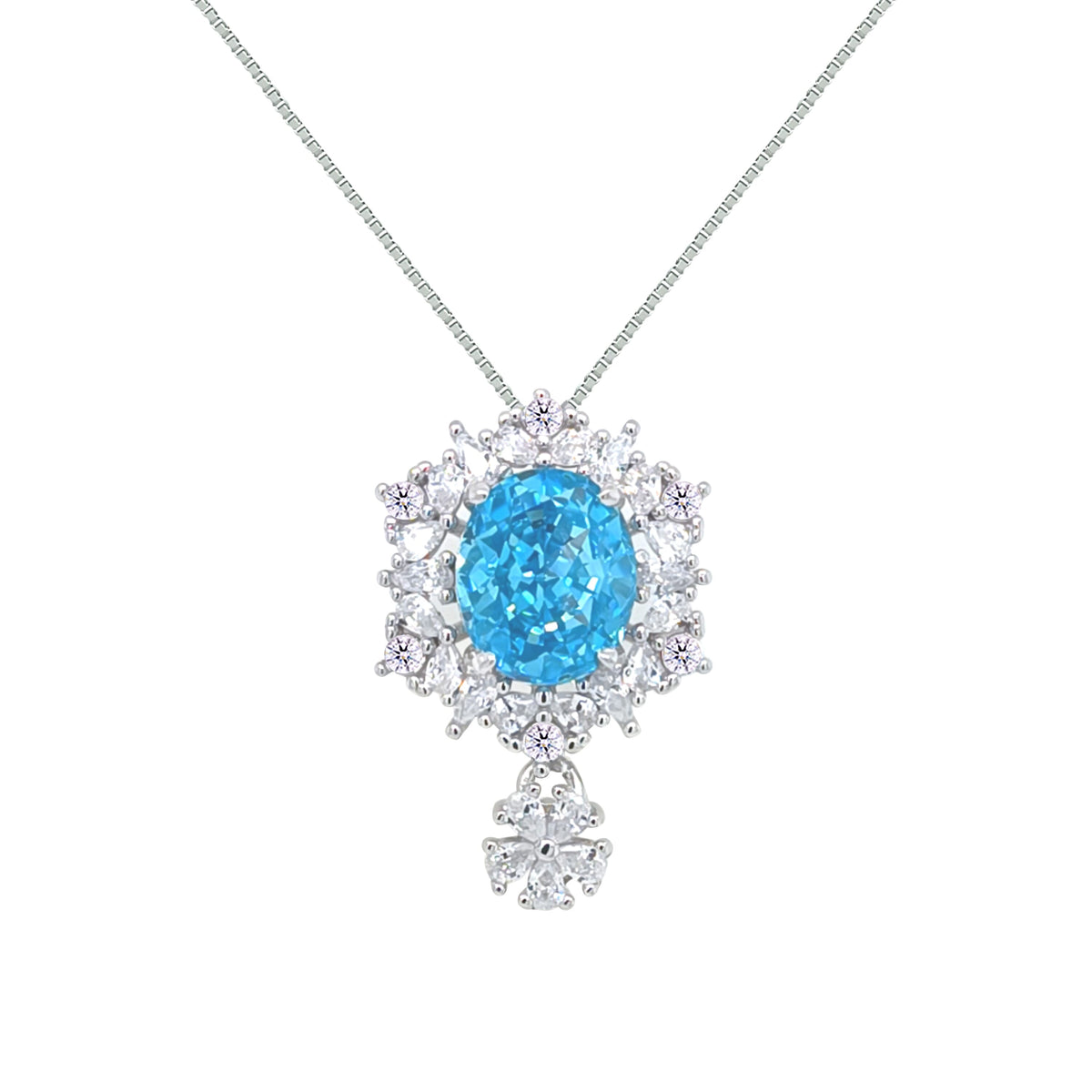 Asfour Creations Box Chain Necklace With Decorative Aquamarine Oval Pendant In 925 Sterling Silver-ND0565-M