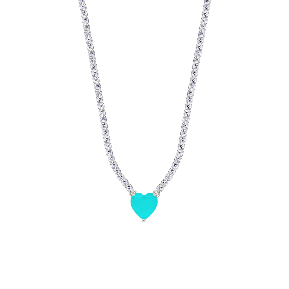 Asfour Creations Tennis Necklace With Turquoise Heart Stone In 925 Sterling Silver-NM0075-WGC