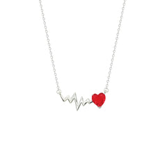 Asfour Creations Chain Necklace With Ruby Heart & Heartbeat Pendant In 925 Sterling Silver-NM079-R
