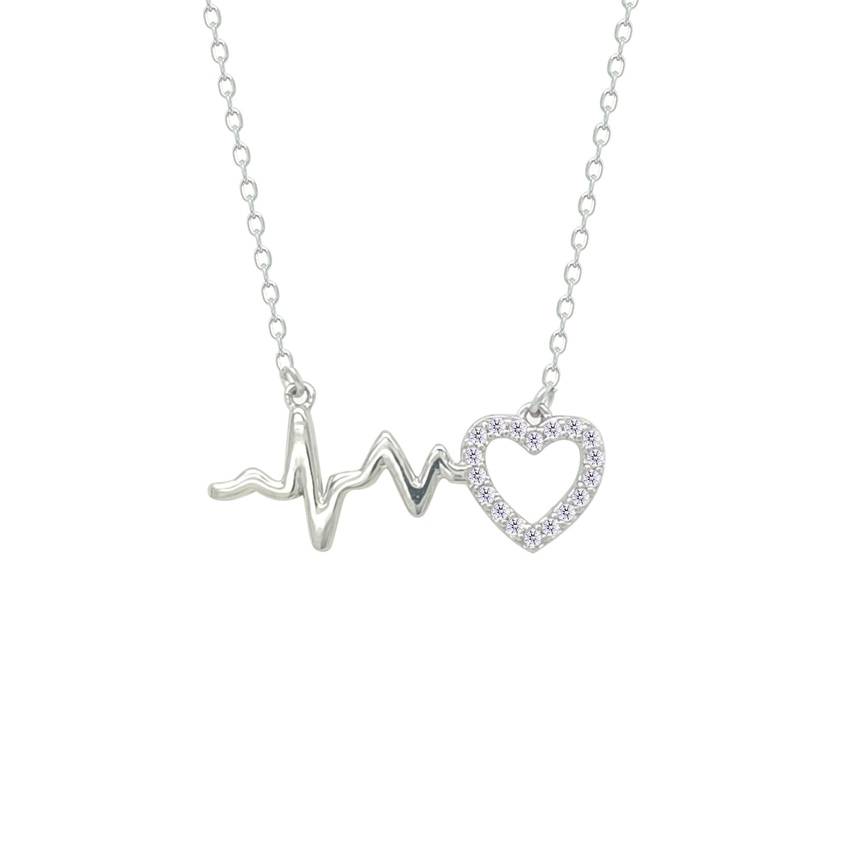 Asfour Creations Chain Necklace With Heart & Heartbeat Pendant In 925 Sterling Silver-NM0080
