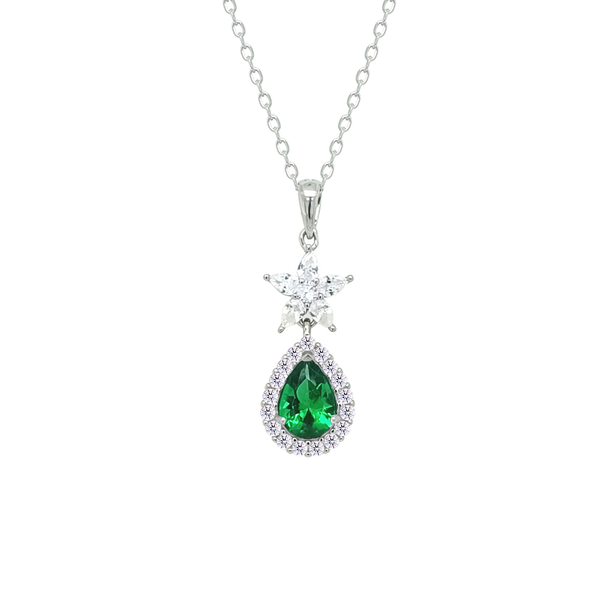 Asfour Creations Chain Necklace With Halo Emerald Pear Pendant In 925 Sterling Silver-NM0094-WG