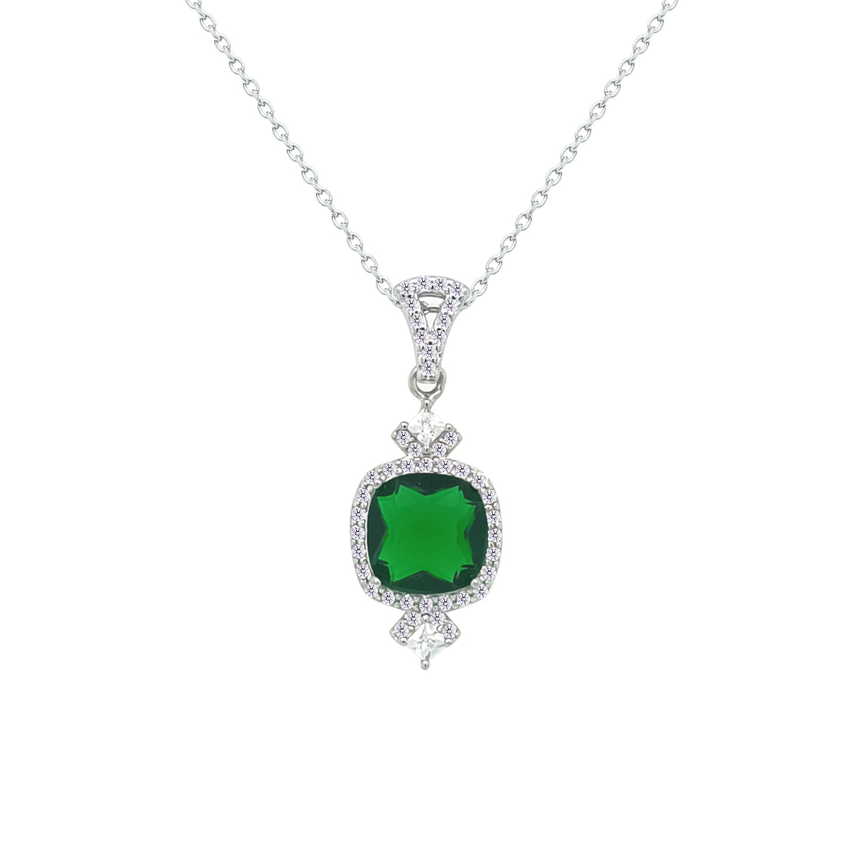 Asfour Creations Chain Necklace With Decorative Emerald Square Design In 925 Sterling Silver-NM0095-G