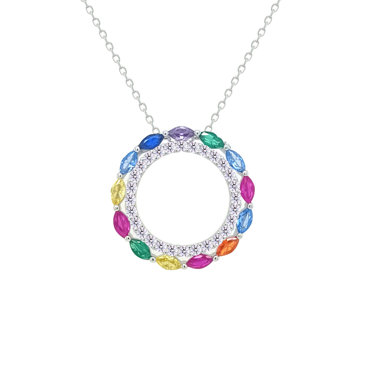 Asfour Creations Chain Necklace With Hollow Multi Color Round Pendant In 925 Sterling Silver-NM0096-K