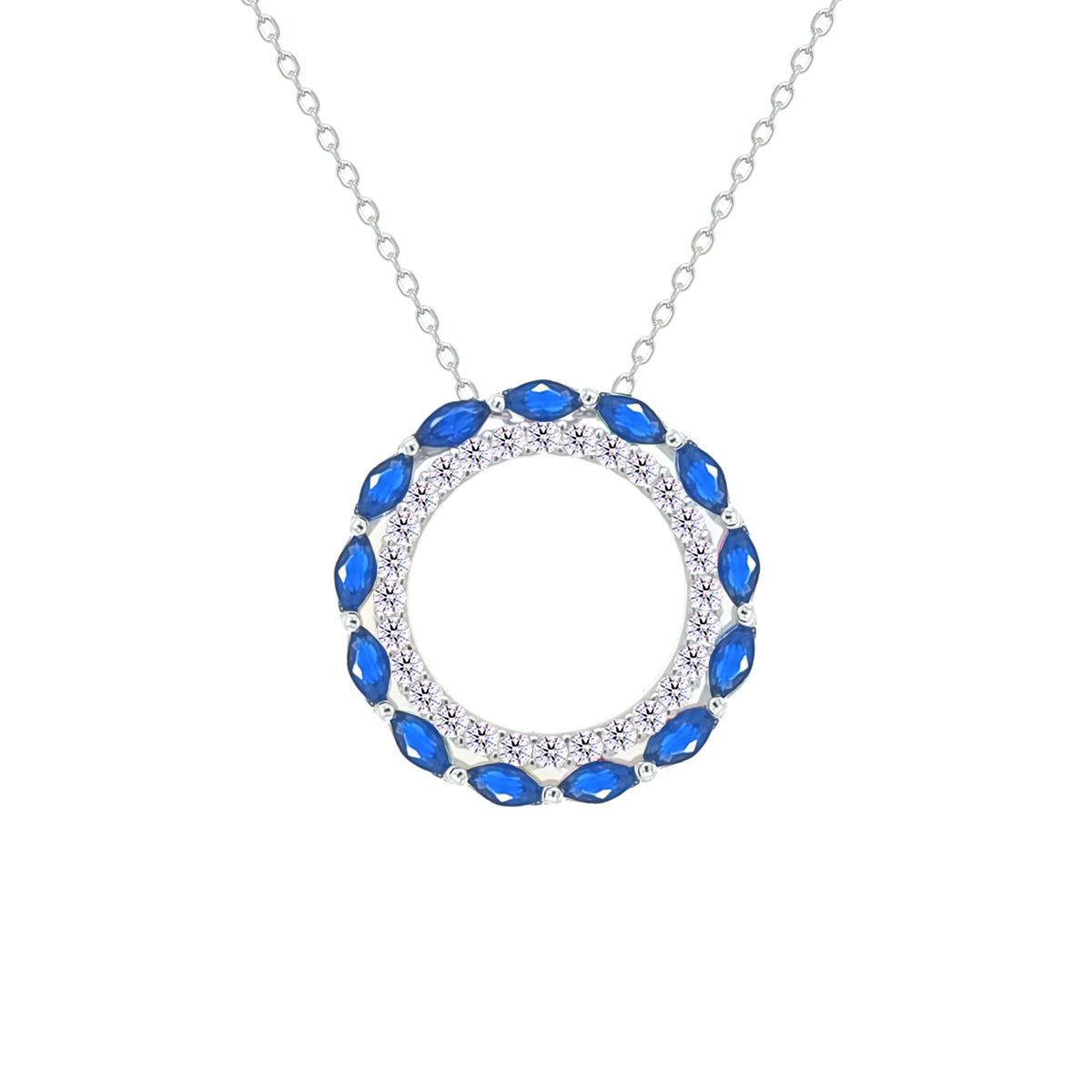 Asfour Creations Chain Necklace With Hollow Blue Round Pendant In 925 Sterling Silver-NM0096-WB