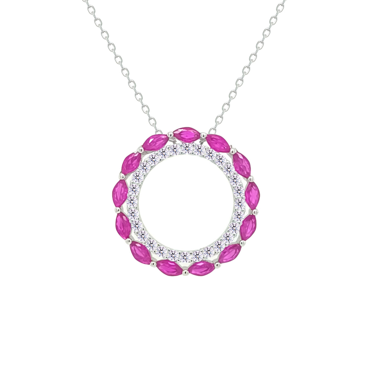 Asfour Creations Chain Necklace With Hollow Fuchsia Round Pendant In 925 Sterling Silver-NM0096-WF