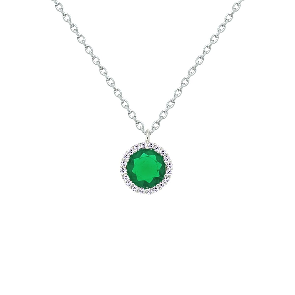 Asfour Creations Chain Necklace With Emerald Round Pendant In 925 Sterling Silver-NM0102-G