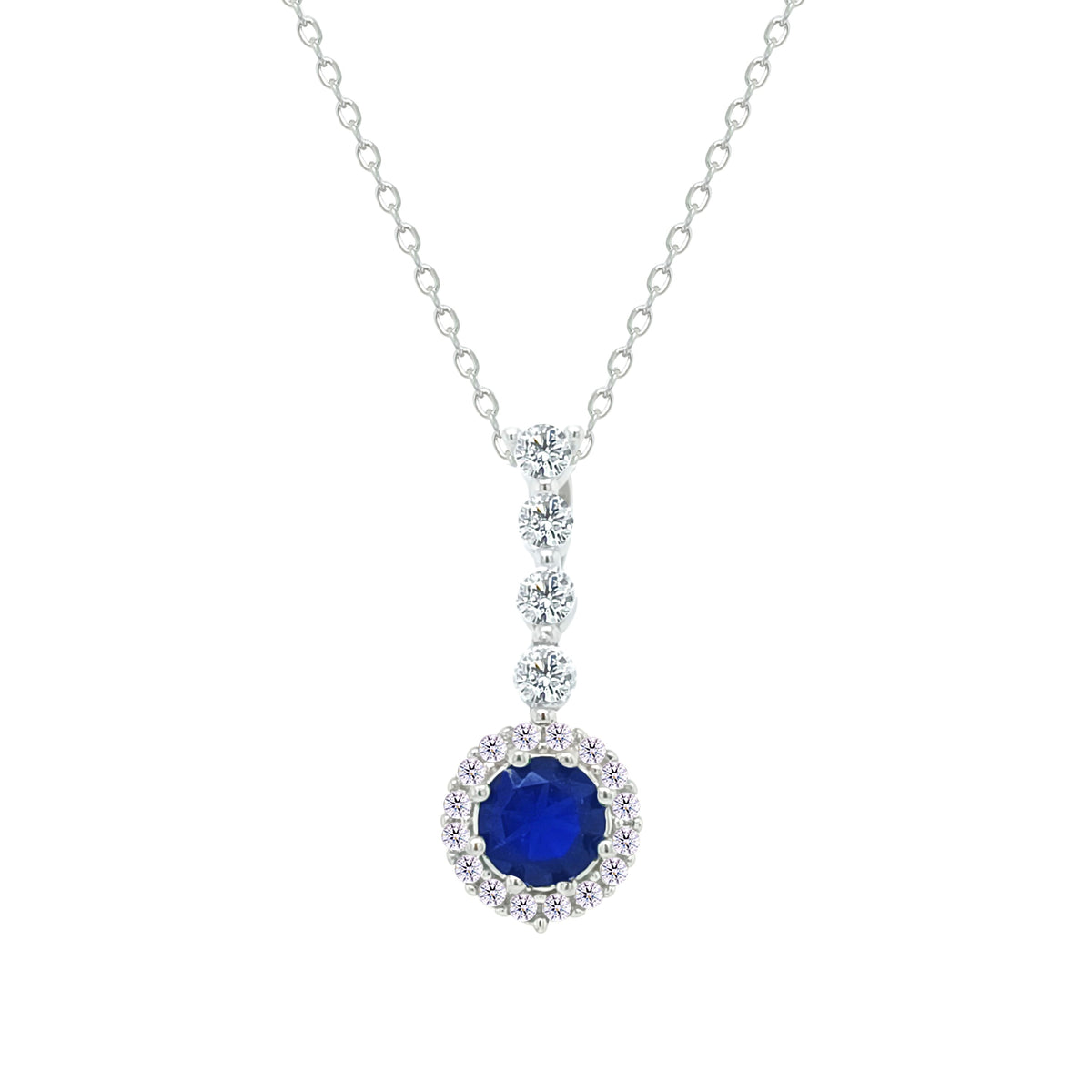 Asfour Creations Chain Necklace With Halo Blue Round Zircon Pendant In 925 Sterling Silver-NM0105-B