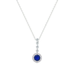 Asfour Creations Chain Necklace With Halo Blue Round Zircon Pendant In 925 Sterling Silver-NM0105-B