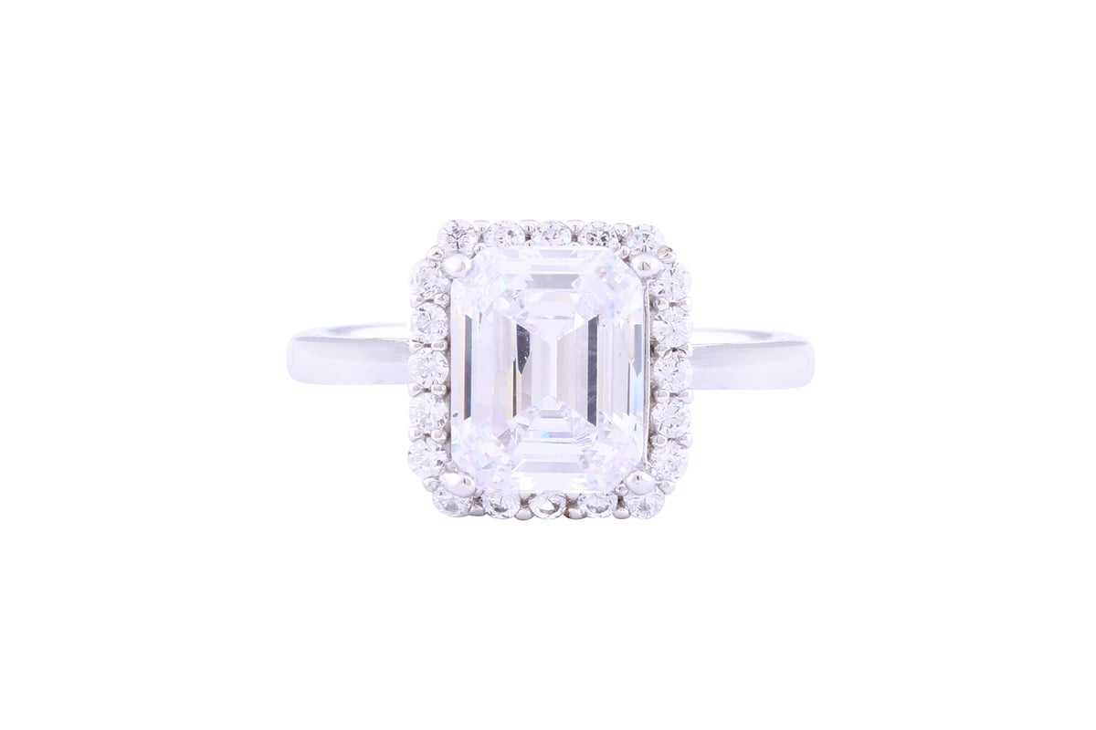 Asfour Creations Halo Ring Inlaid With Emerald Cut Zircon Stone In 925 Sterling Silver RM0004-8