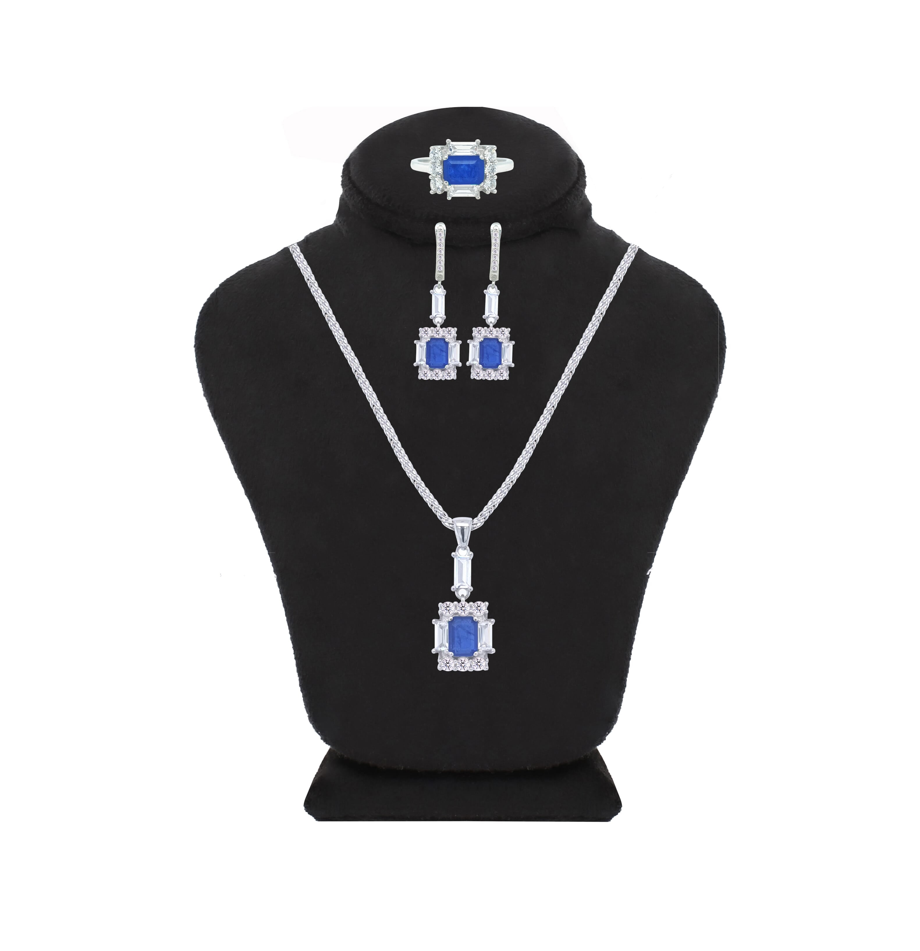 Asfour Creations Jewelry Set With Decorative Blue Emerald Design In 925 Sterling Silver-SD0050-B-7