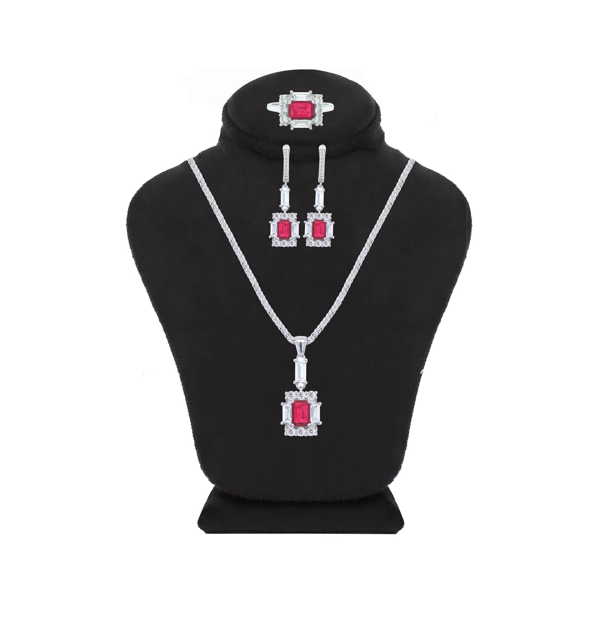 Asfour Creations Jewelry Set With Decorative Fuchsia Emerald Design In 925 Sterling Silver-SD0050-F-9