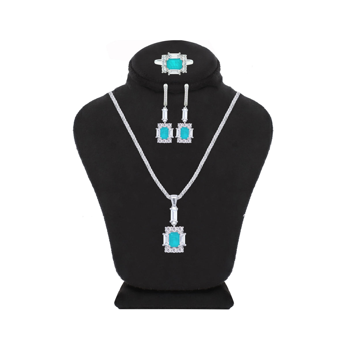 Asfour Creations Jewelry Set With Decorative Turquoise Emerald Design In 925 Sterling Silver-SD0050-GC-7
