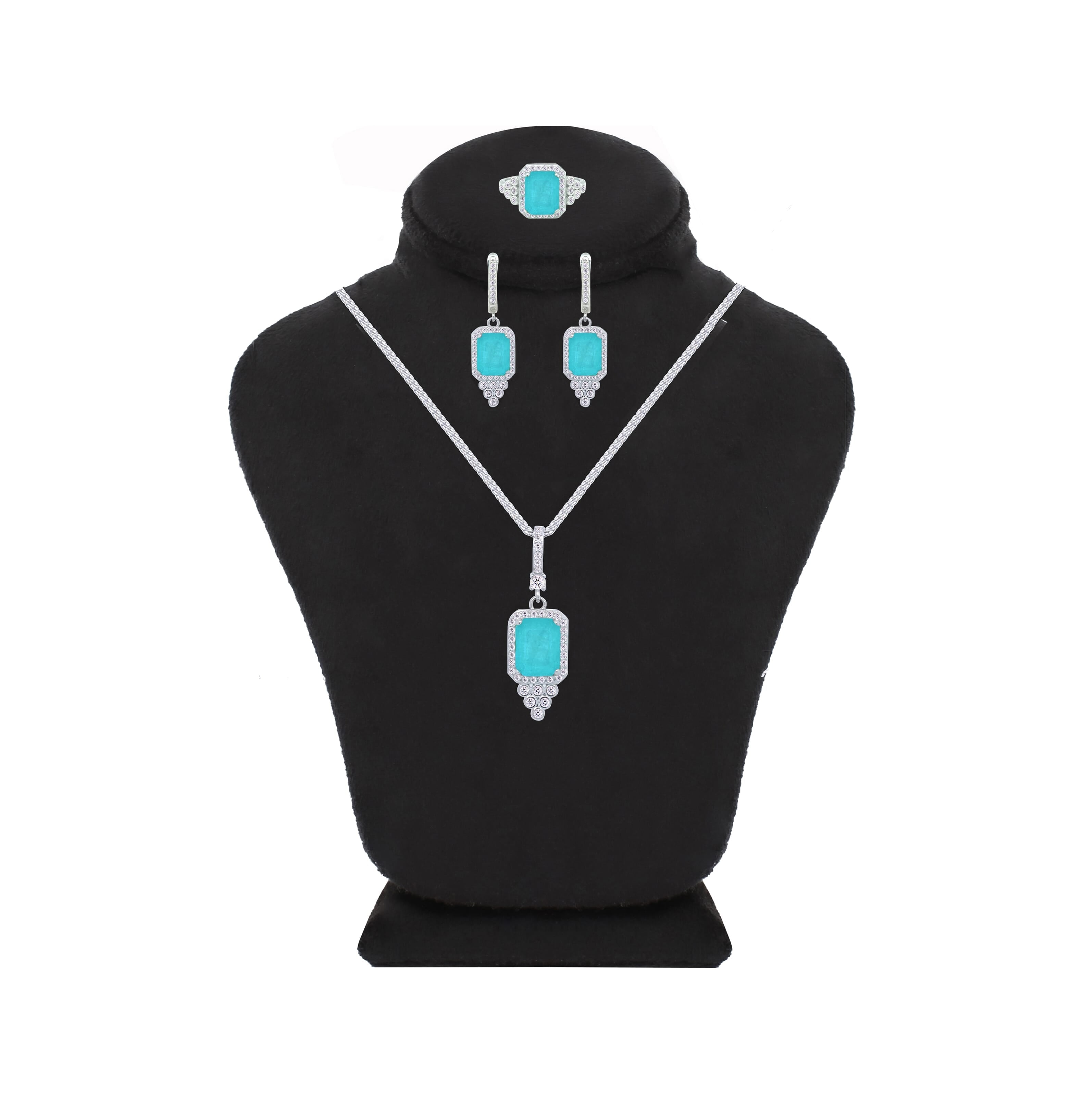 Asfour Creations Jewelry Set With Decorative Turquoise Emerald Design In 925 Sterling Silver-SD0051-GC-8