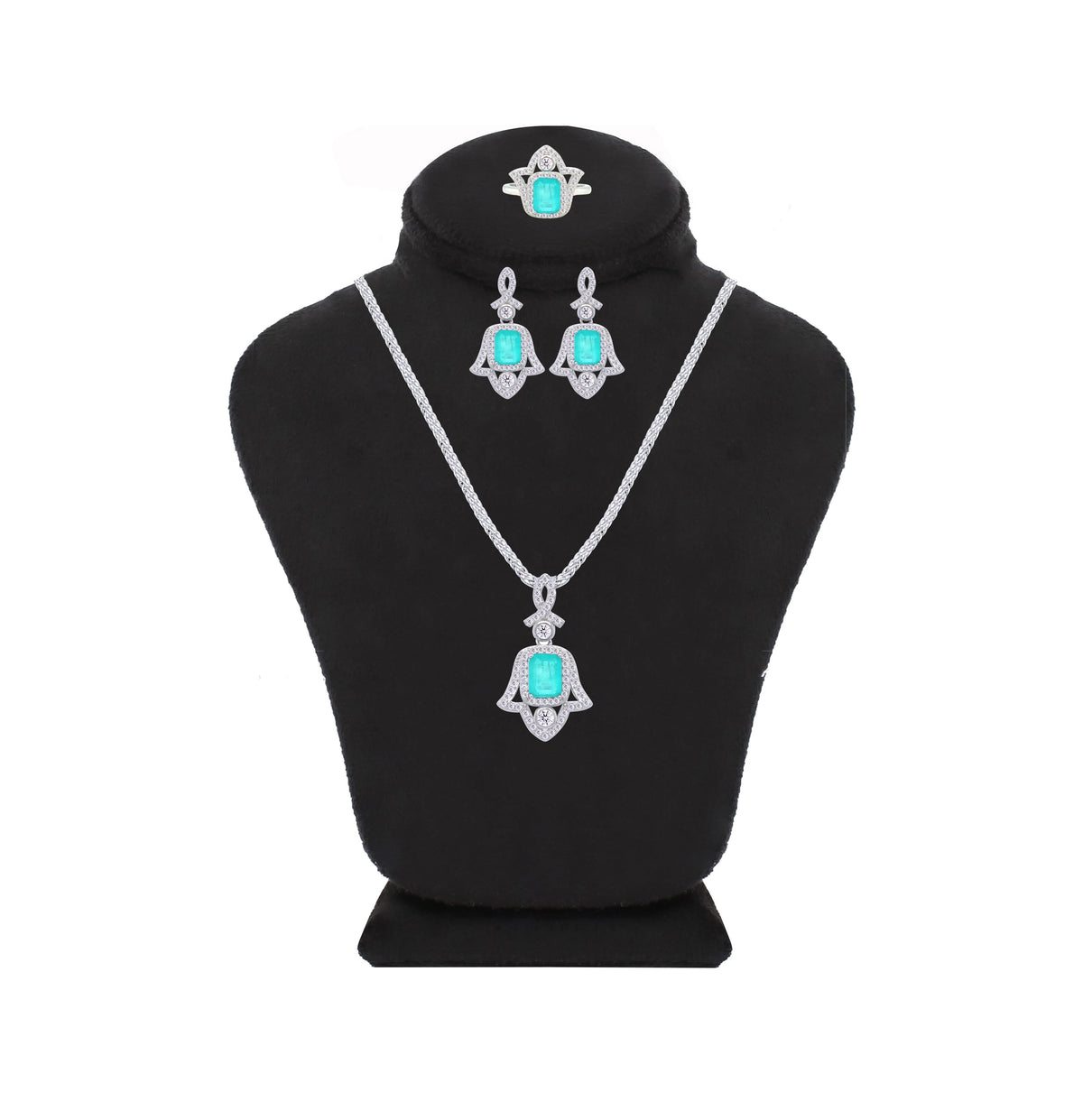 Asfour Creations Jewelry Set With Decorative Light Turquoise Hamsa Design In 925 Sterling Silver-SD0053-LGC-9