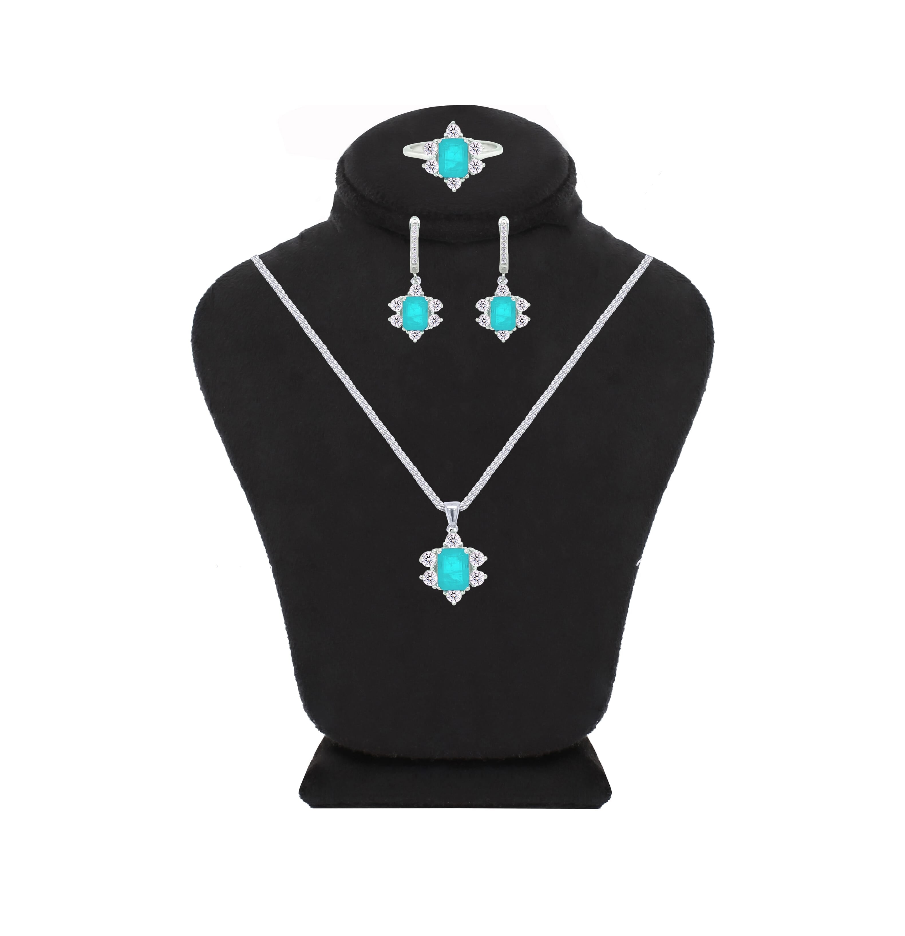 Asfour Creations Jewelry Set With Halo Turquoise Decorative Design In 925 Sterling Silver-SD0054-GC-7