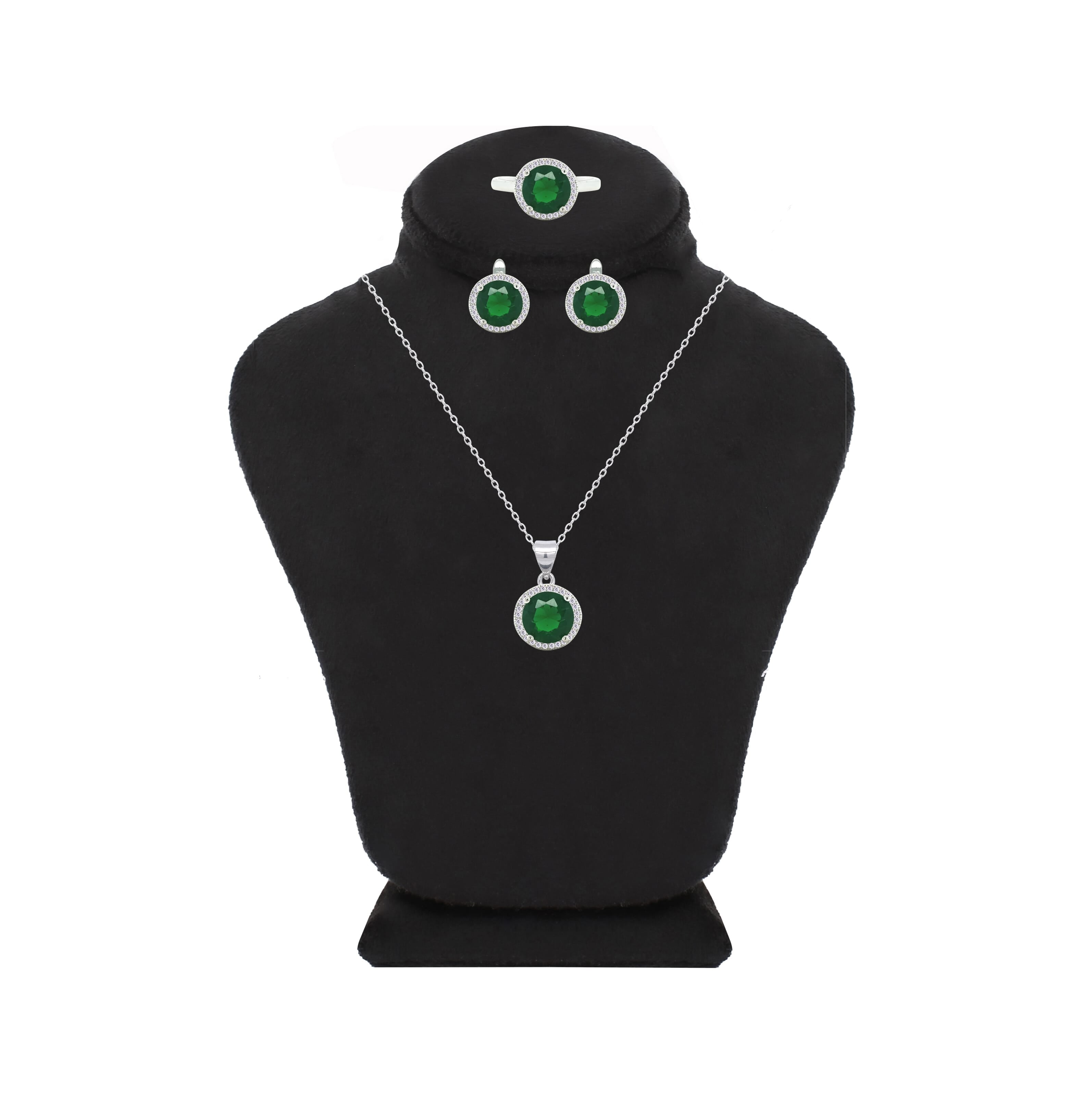 Asfour Creations Jewelry Set With Halo Emerald Round Design In 925 Sterling Silver-SD0111-G-9
